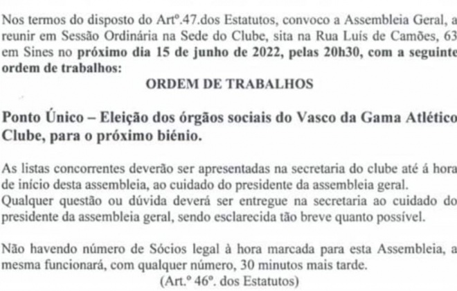 Vasco da Gama realiza Assembleia Geral nesta noite de quarta-feira