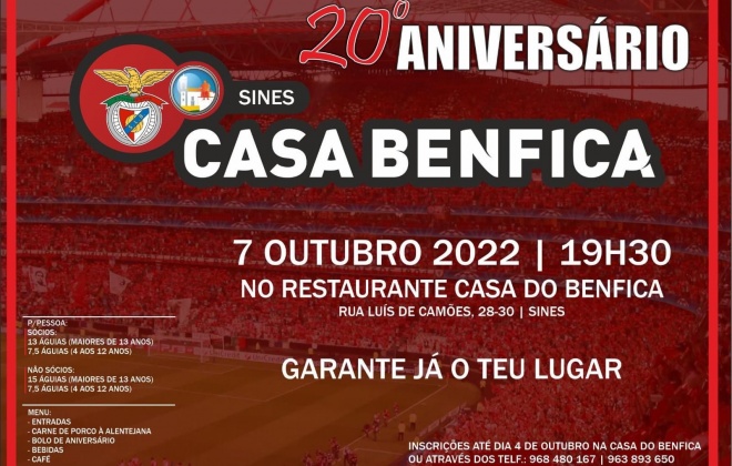 Casa do Benfica de Sines comemora 20 anos com jantar