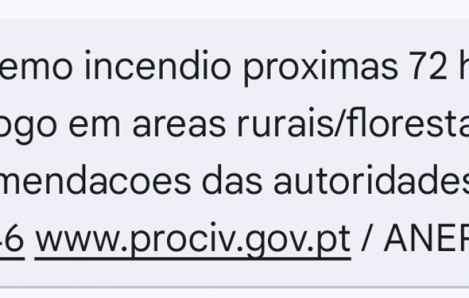 ANEPC envia SMS preventivo à população acerca da situação de risco extremo de incêndio rural