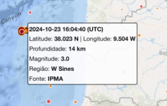 Sismo de magnitude 3.0 foi registado ao largo de Sines