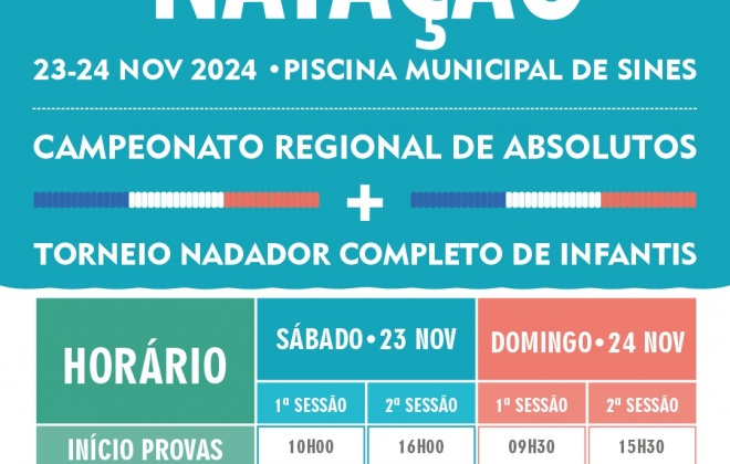 Sines recebe o Campeonato Regional Absolutos e o Torneio de Nadador Completo Infantis nos dias 23 e 24 de novembro