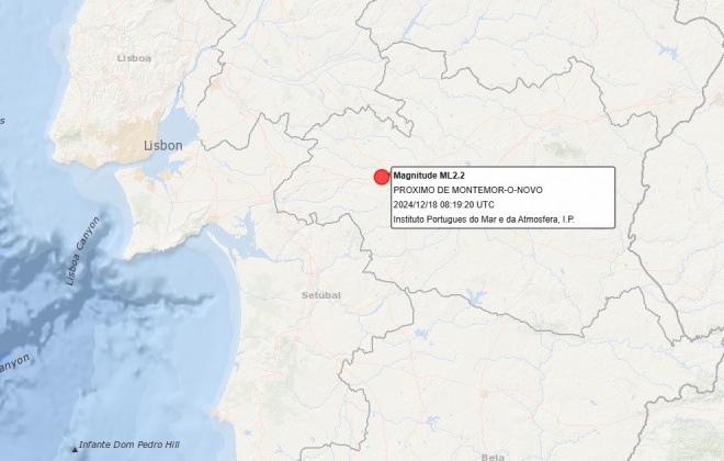 Sismo de magnitude 2.2 sentido perto de Montemor-o-Novo