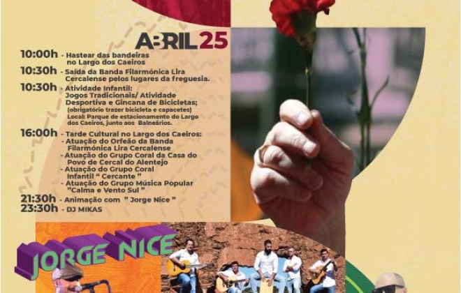 Cercal do Alentejo comemora o 25 de abril com música, atividades infantis e uma tarde cultural