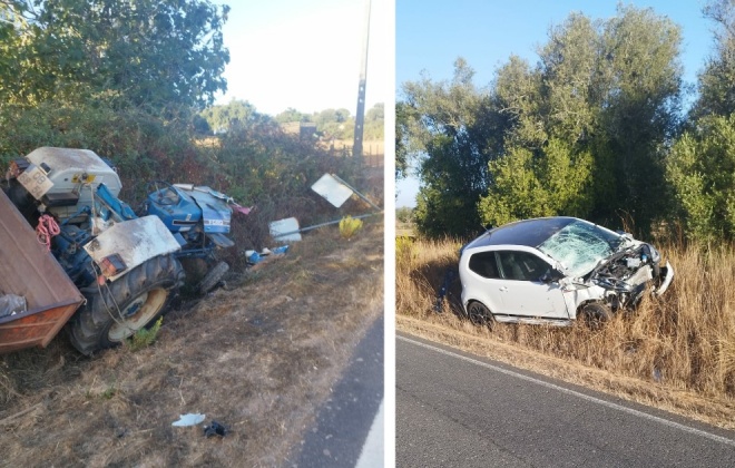 Colisão entre carro e trator provoca um ferido na EN262 em Cercal do Alentejo